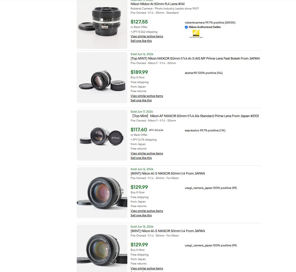 eBayの落札相場（Sold listings）の確認画面